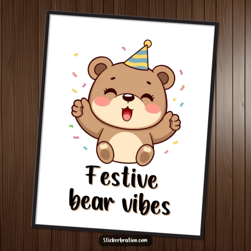 Funny digital art print of a cute bear in a party hat, joyfully cheering and showering confetti, creating an instant party atmosphere.