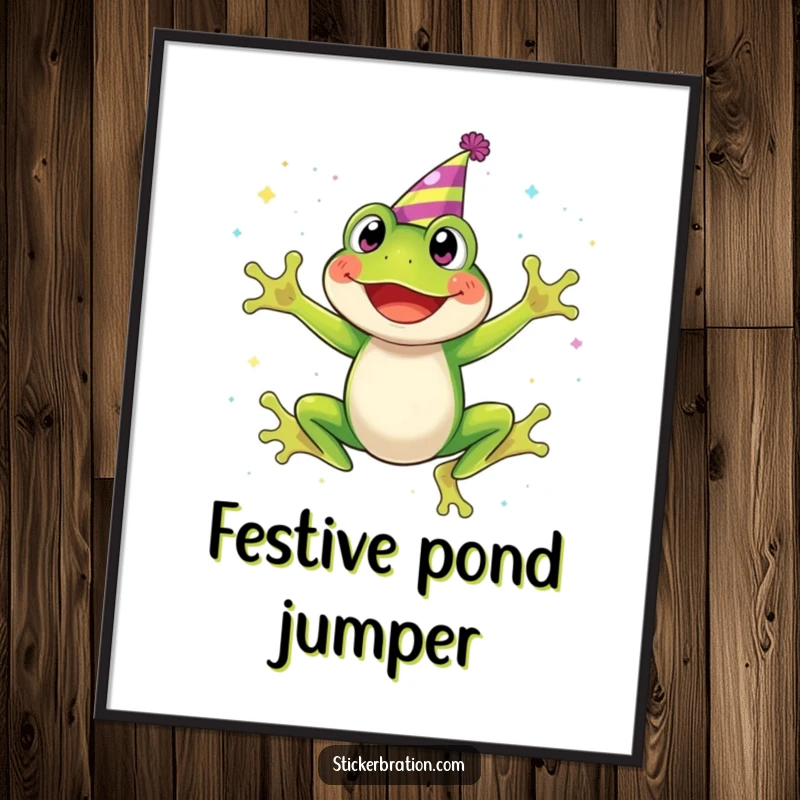 Funny digital art print of a happy frog in a party hat, leaping through a spectacular cascade of shimmering glitter.