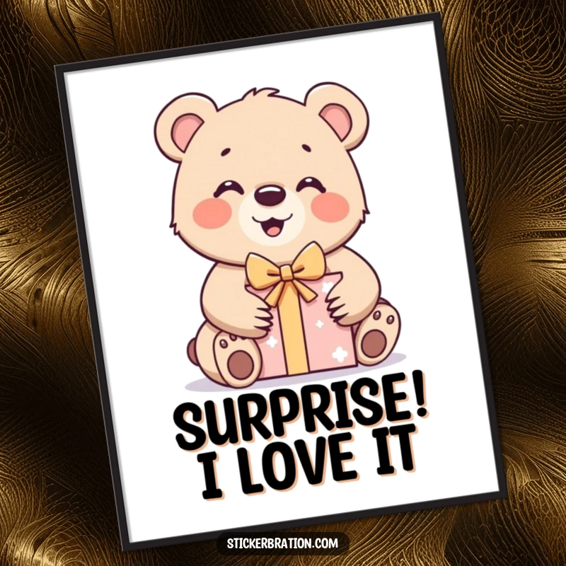 Funny bear cub digital art print of a character excitedly unwrapping a gift box, ideal for cheerful and humorous decor.
