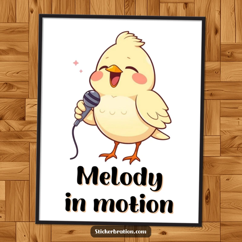 Funny digital art print of a cheerful bird singing into a tiny microphone, perfect for adding instant musical decor.