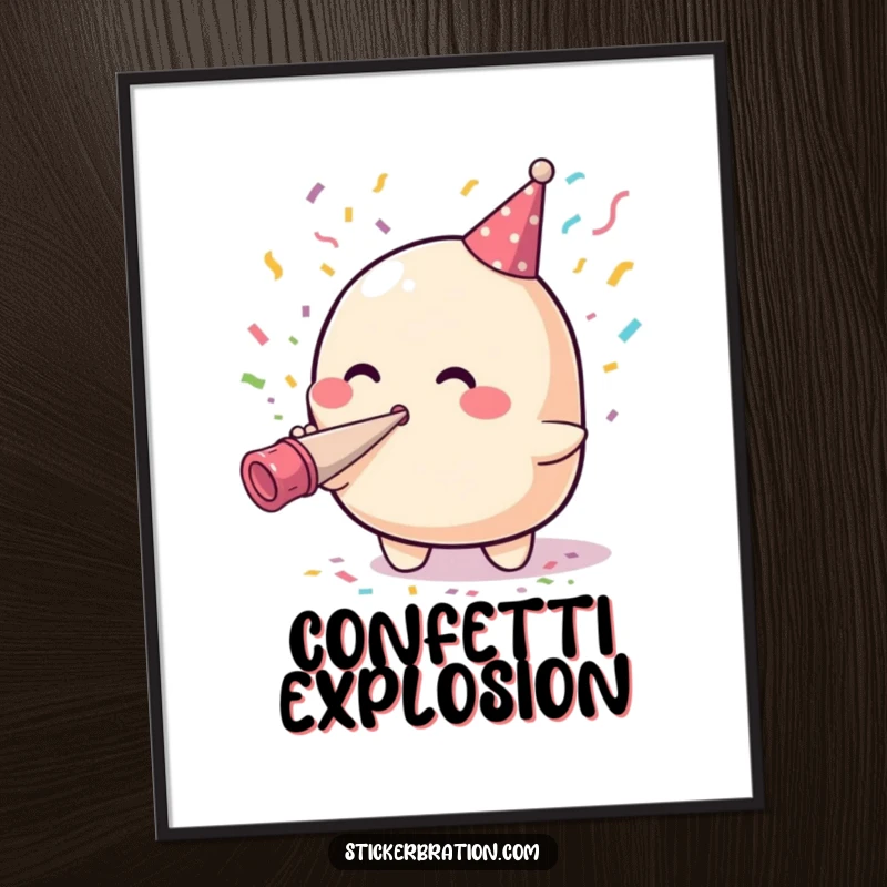Funny digital art print of a cute blob character blowing confetti from a party horn, offering instant humor and festive decor.