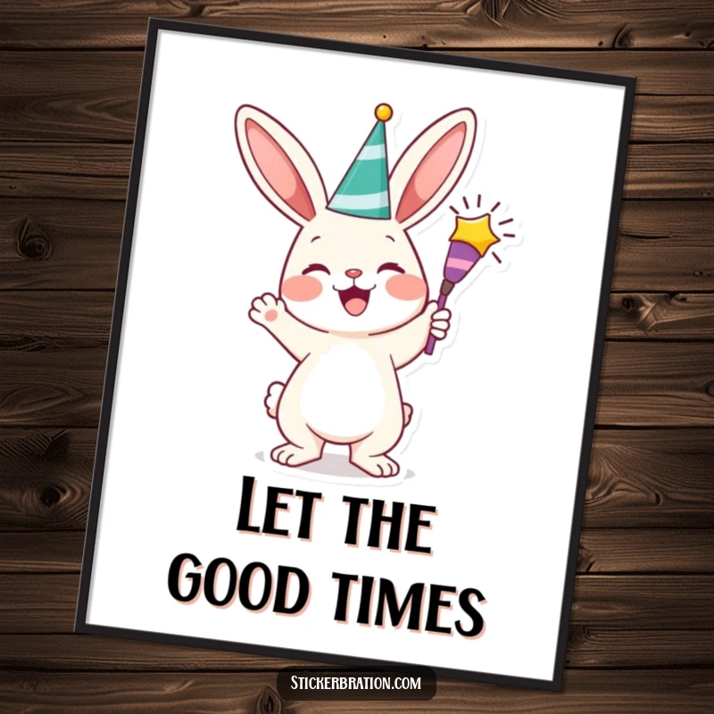 Funny bunny digital art print of a cheerful character triumphantly holding a party popper, capturing a moment of pure, unadulterated celebratory fun.