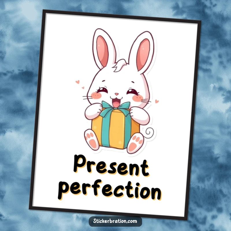 Funny digital art print of a chubby bunny character eagerly unwrapping a brightly colored gift, embodying pure excitement and delight.