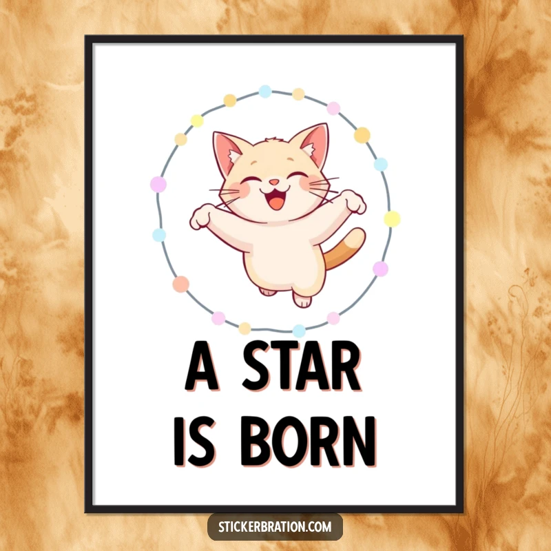 Funny cat digital art print of a smiling cat energetically leaping through a dazzling hoop of lights, a celebration of feline joy.