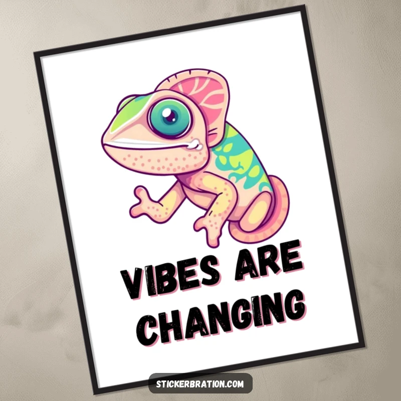 Funny chameleon digital art print of a cute, jubilant chameleon joyfully transforming through a spectrum of bright, happy colors.