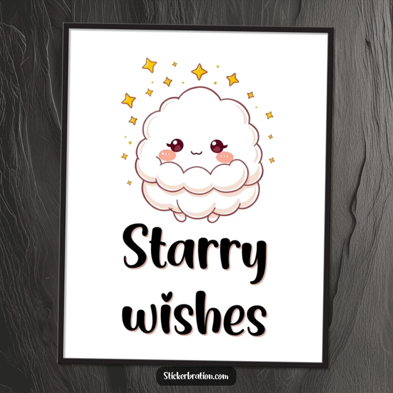 Funny digital art print of a fluffy cloud character showering golden stars, offering instant magic and whimsical humor.