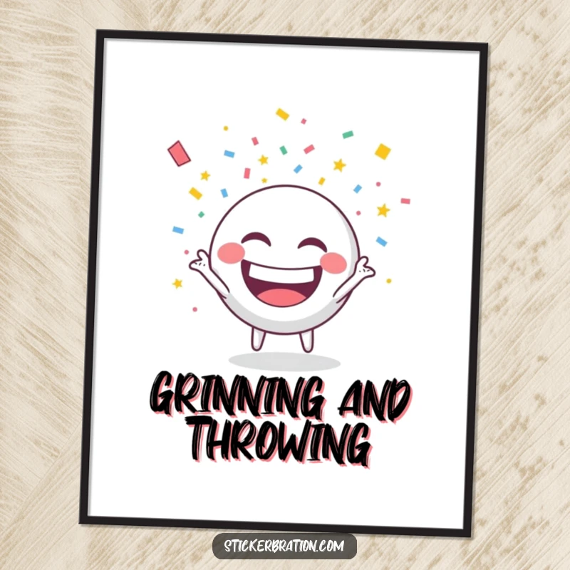 Funny digital art print of a round character grinning widely while throwing confetti, perfect for festive decor.