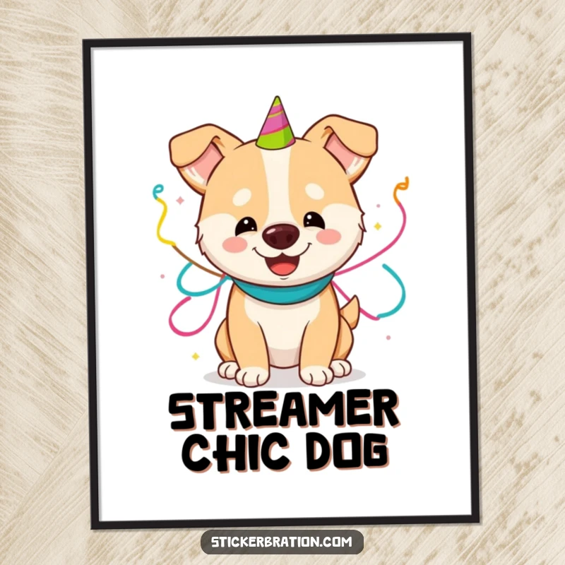 Funny digital art print of a happy dog playfully adorned with colorful party streamers, creating an instant party atmosphere.