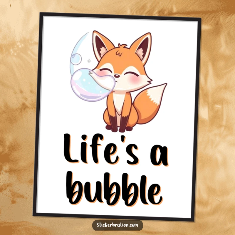 Funny bubbly fox character digital art print winking while blowing a giant bubble, creating a playful and charming scene.