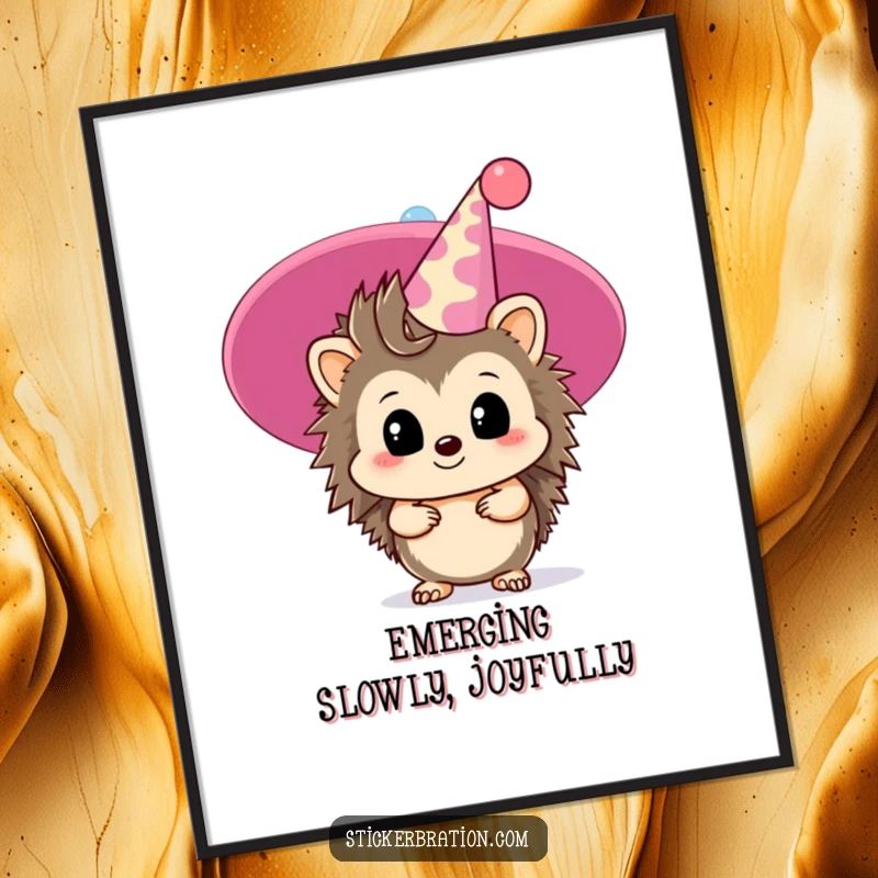 Funny hedgehog digital art print of a timid character peeking from behind a giant party hat, ideal for charming decor.