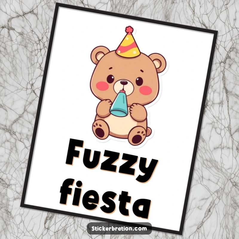 Funny digital art print of a cute bear in a party hat, blowing a noisemaker, embodying pure, unadulterated celebration.