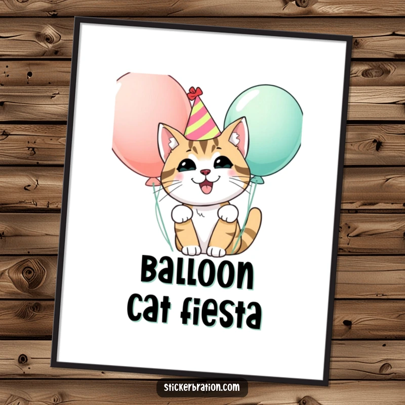 Funny digital art print of a happy cat wearing a party hat, peeking from behind balloons, perfect for creating a festive and cheerful digital atmosphere.