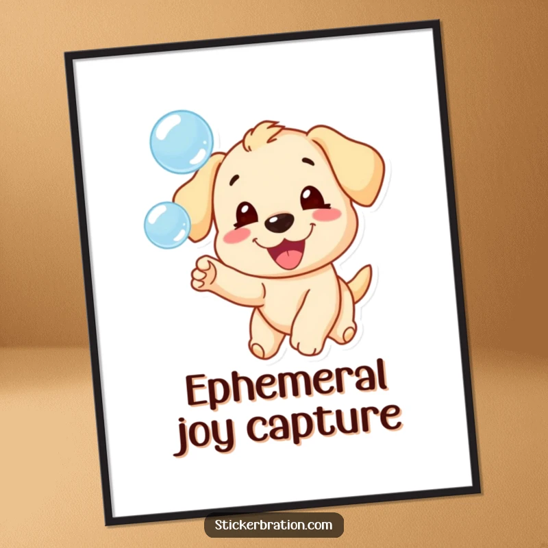 Funny digital art print of an ecstatic puppy character playfully chasing a whimsical cloud of iridescent bubbles.