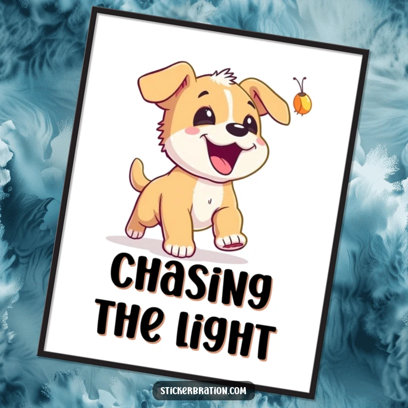 Funny Puppy Firefly Digital Art: An excited puppy joyfully chases a glowing firefly, instant whimsical decor.