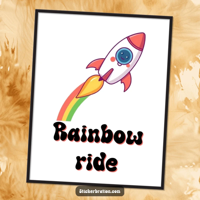 Funny rocket digital art print depicting a cheerful rocket leaving a rainbow trail, ideal for instant cosmic and humorous wall decor.