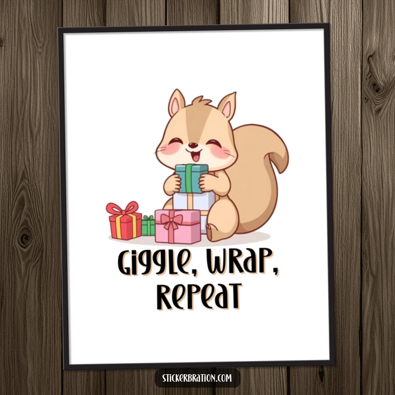 Funny digital art print of a giggling squirrel holding a stack of gifts, perfect for adding instant festive humor.