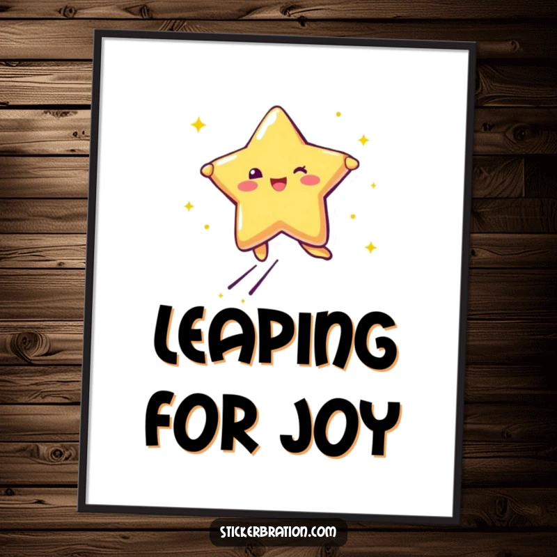 Funny digital art print of a star character leaping with joy, trailing glitter, perfect for uplifting decor.