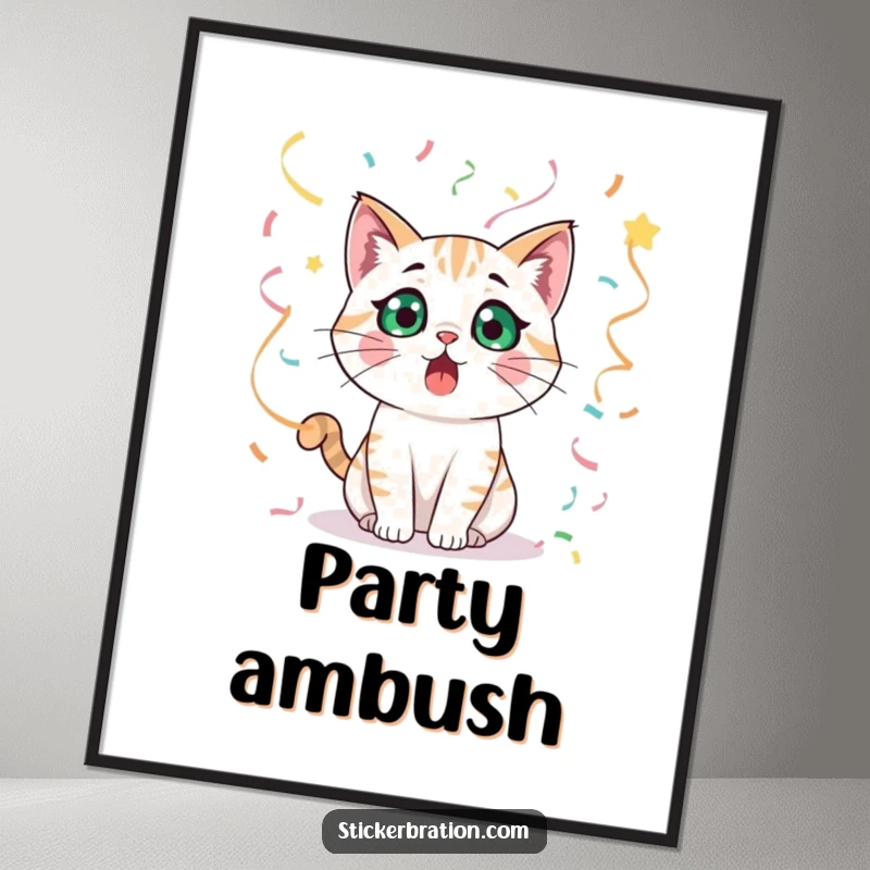 Funny cat character looking utterly surprised, amidst a cascade of streamers in a vibrant digital art print.