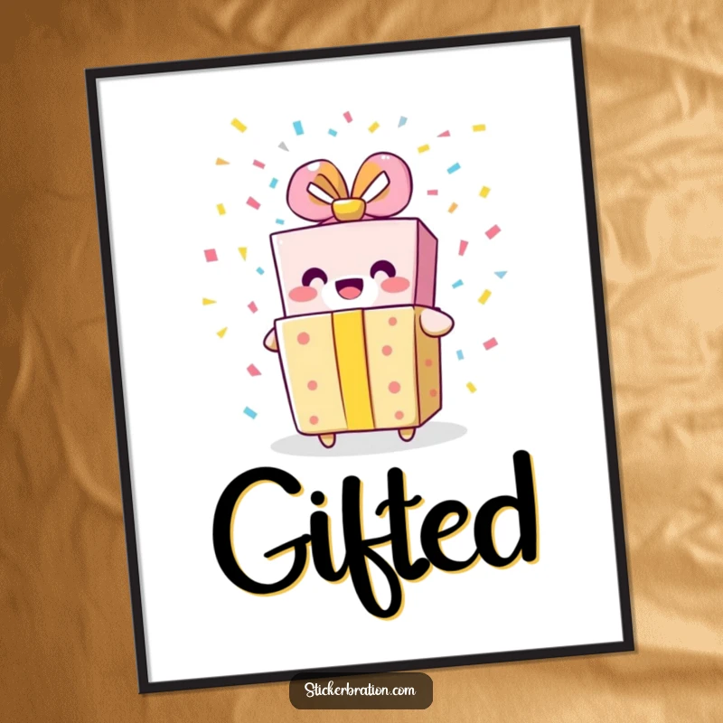 Funny gift box digital art print depicting a smiling character bursting with confetti, ideal for instant festive and humorous wall decor.