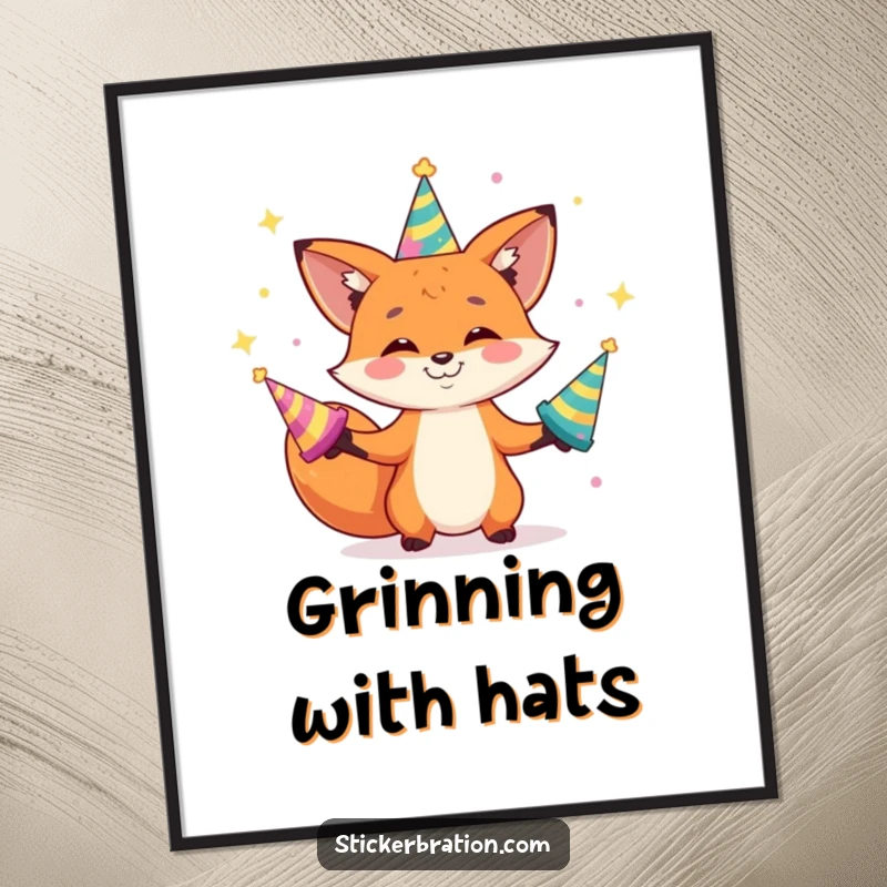 Funny digital art print of a playful fox character with a grin, juggling shiny party hats, perfect for adding fun.