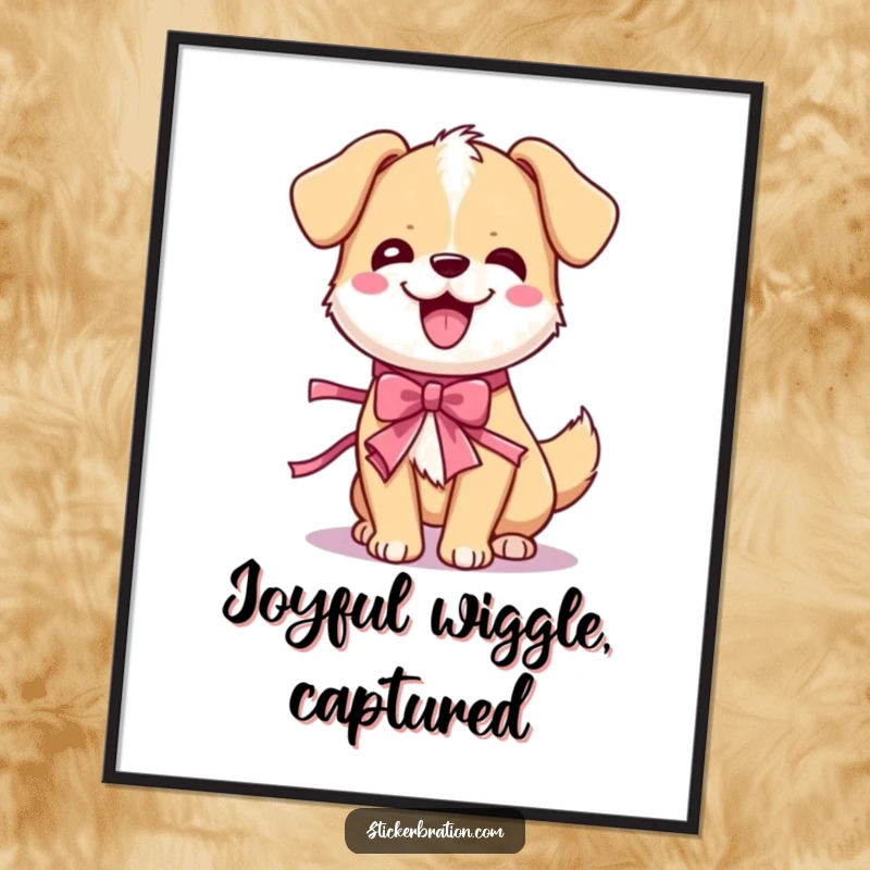 Funny dog wiggle digital art print of a cute cartoon dog doing an ecstatic full-body wiggle dance with a festive party ribbon.