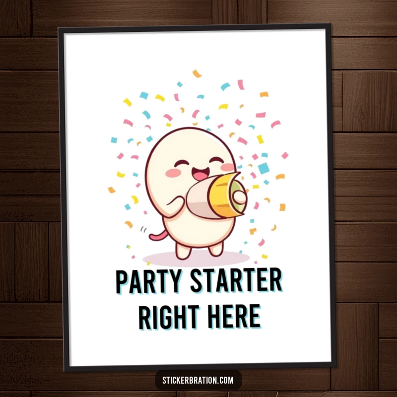 Funny digital art print of a giggling confetti cannon character joyfully shooting colorful confetti, perfect for instant festive wall decor.