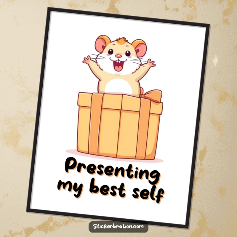 Funny hamster digital art print of an excited hamster gleefully bouncing on a giant present box, a celebration of pure, humorous joy.