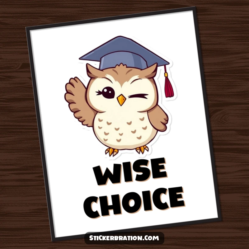Funny owl digital art print featuring a winking graduate owl in a cap, joyfully throwing it up, offering instant wise wall decor.