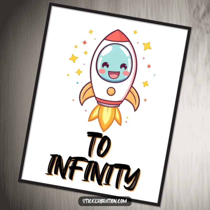 Funny rocket digital art print showing a smiling character blasting off with confetti and stars, offering instant, exciting wall decor.