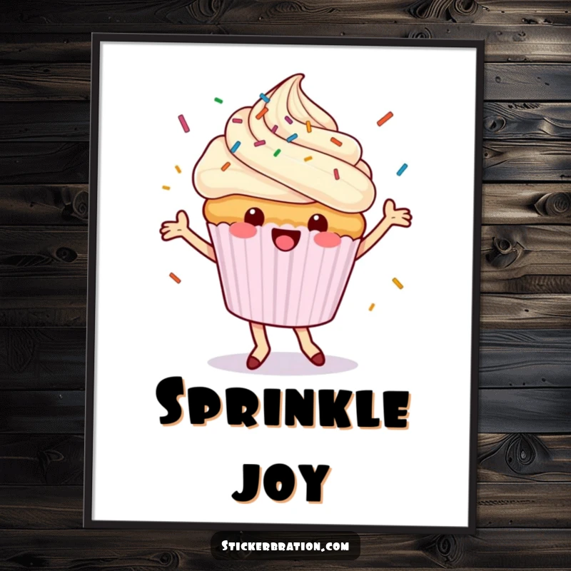 Funny cupcake digital art print featuring a dancing character happily showering sprinkles, offering instant sweet and joyful wall decor.