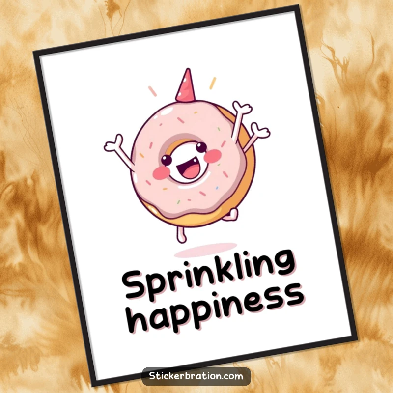 Funny digital art print of a happy donut character in a celebratory jump, offering downloadable cheer and humor.
