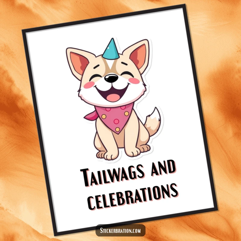 Funny dog character as digital art, wearing a party bandana and wagging its tail, for instant joy.