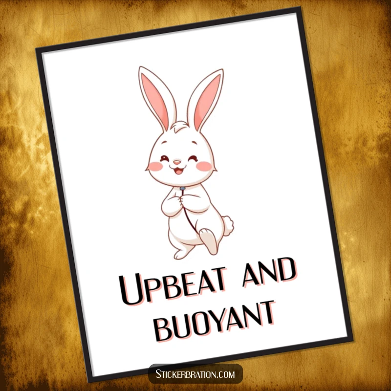 Funny digital art print of a happy rabbit holding a giant balloon, radiating pure, innocent joy and whimsical delight.