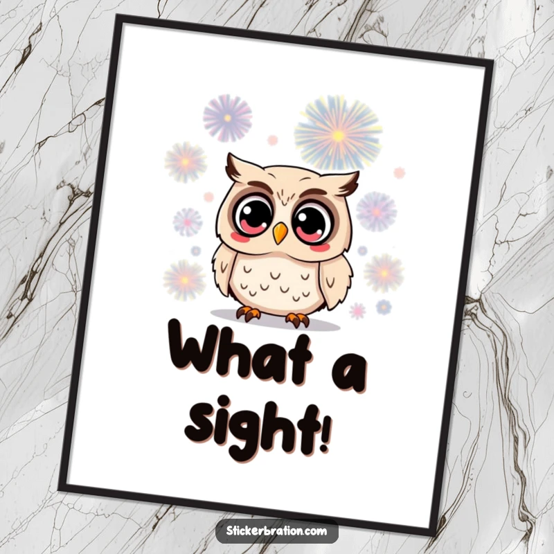 Funny owl digital art print of a surprised character with wide eyes gazing at a magnificent firework, capturing a moment of pure, breathtaking awe.