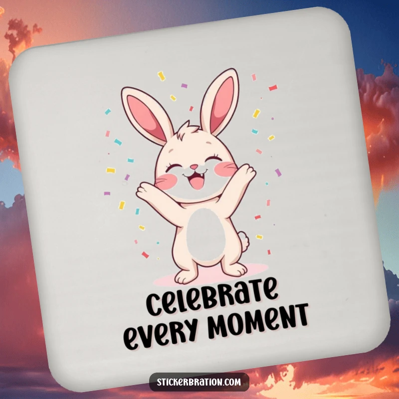 Funny bunny drink coasters featuring a character gleefully tossing confetti, protecting surfaces with festive and humorous flair.
