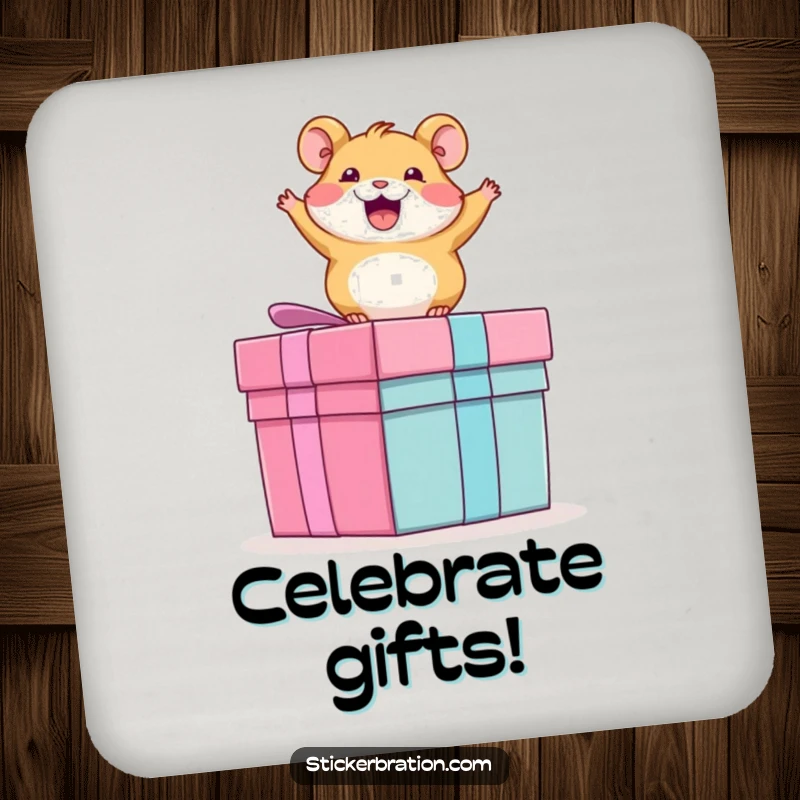 Funny drink coaster showcasing an excited hamster enthusiastically bouncing on a large present, adding a splash of humor to drinks.