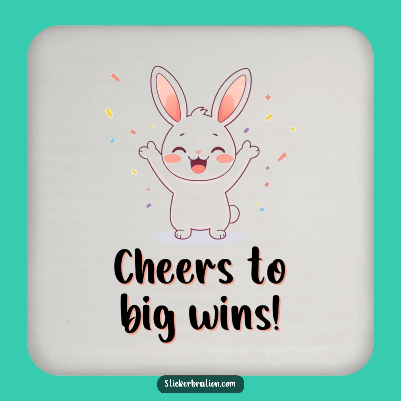 Funny Bunny Cheering Drink Coaster: Protect Surfaces with Confetti Party Style