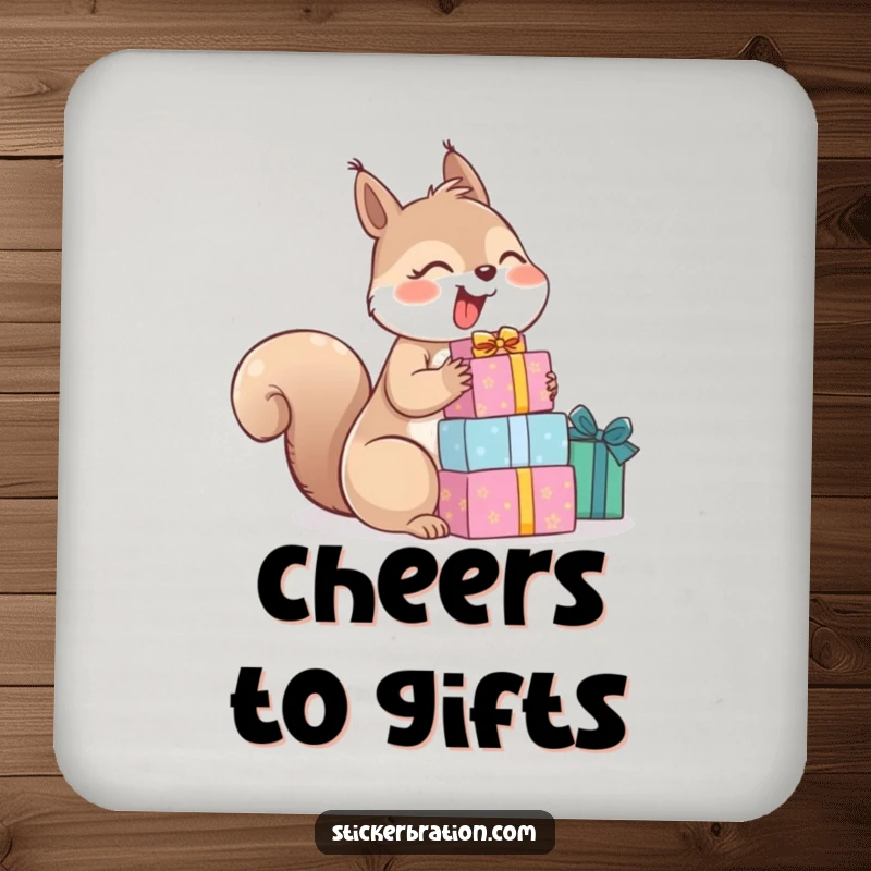Funny drink coaster depicting a giggling squirrel holding a stack of gifts, adding cheerful and humorous surprise.