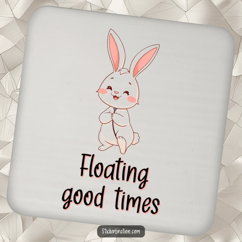 Funny coaster featuring a smiling rabbit holding a large balloon, adding a touch of whimsical protection and cheerful vibes.