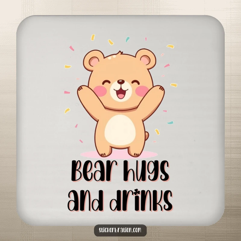 Funny cute bear character coaster joyfully tossing confetti in the air, adding humor and festive cheer to your table.
