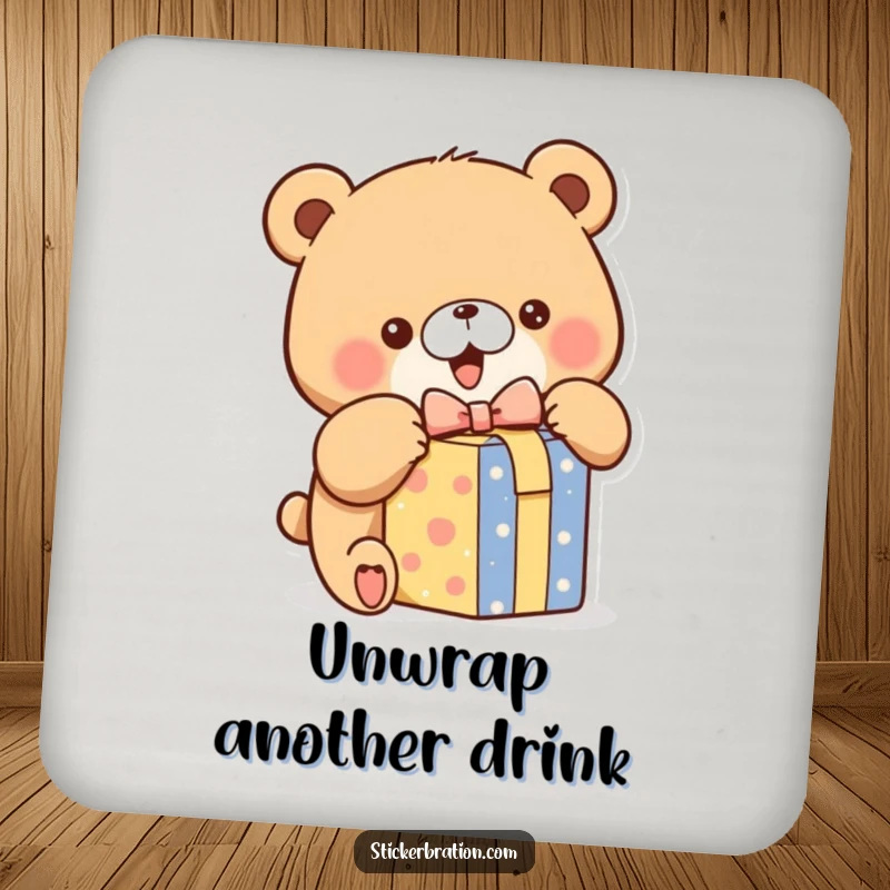 Funny drink coaster with a chubby bear character excitedly unwrapping a gift box, adding a fun and protective element.