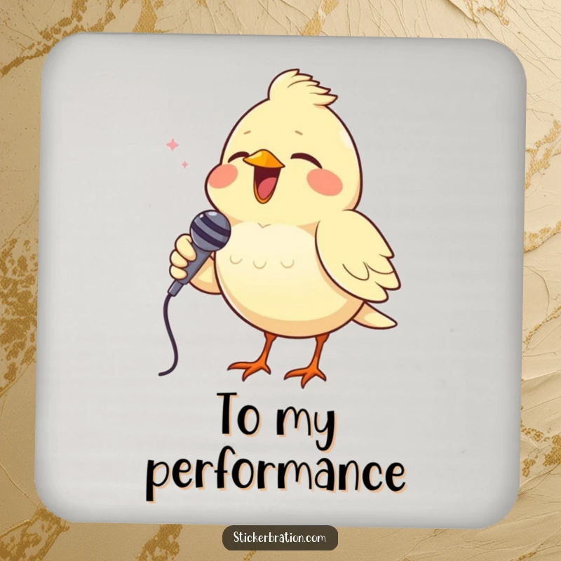 Funny drink coaster featuring a cheerful bird singing into a tiny microphone, protecting surfaces with musical humor.