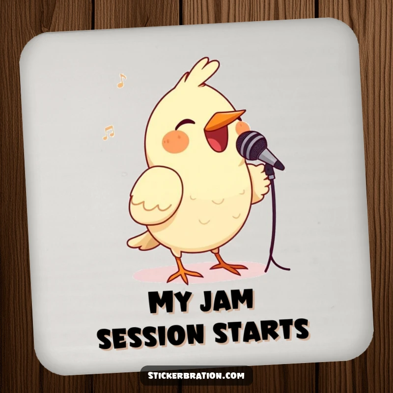 Funny bird drink coaster depicting a cheerful bird singing into a small microphone, a humorous and stylish table protector.
