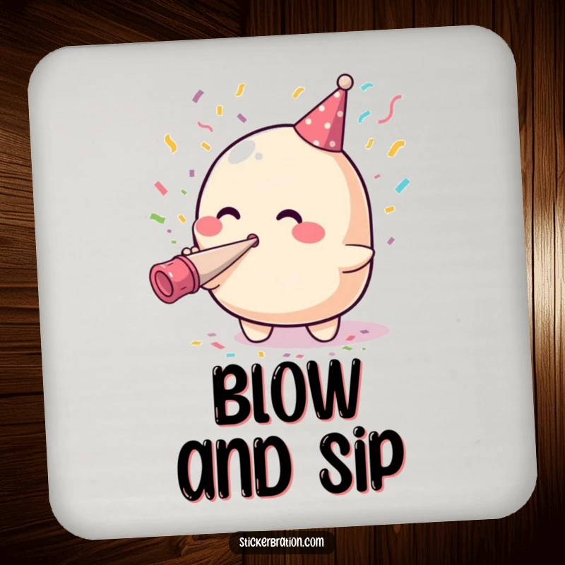 Funny drink coasters featuring a cute blob character blowing confetti from a party horn, adding a humorous and protective element.
