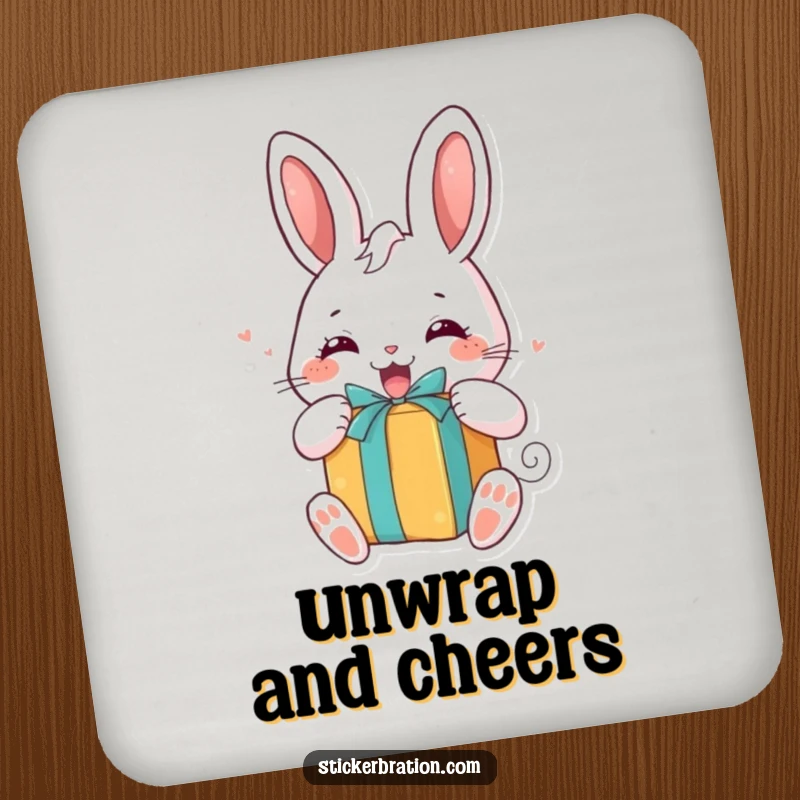 Funny coasters featuring a chubby bunny character excitedly unwrapping a gift, protecting surfaces with cheerful charm.