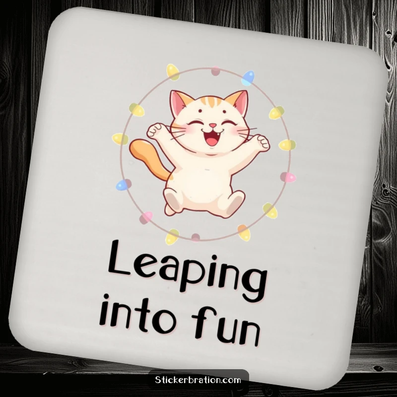 Funny drink coaster featuring a smiling cat leaping through a hoop of lights, protecting surfaces with feline charm.
