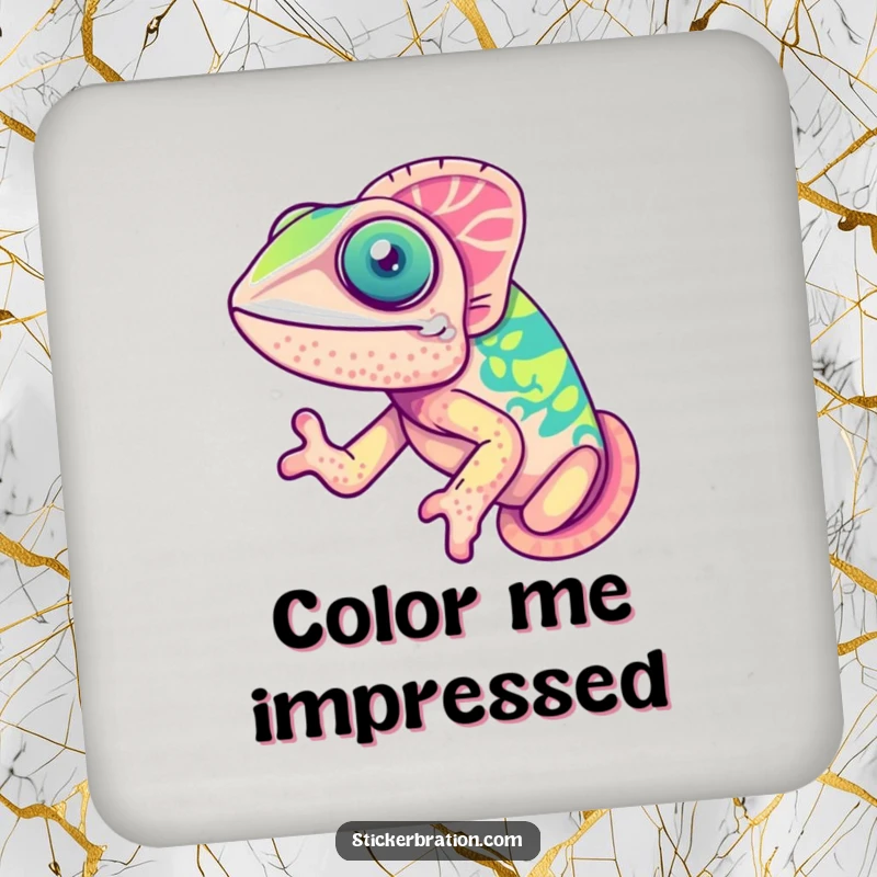 Funny chameleon drink coaster showcasing a cute, delighting chameleon mid-color change, adding a joyful touch to any table.