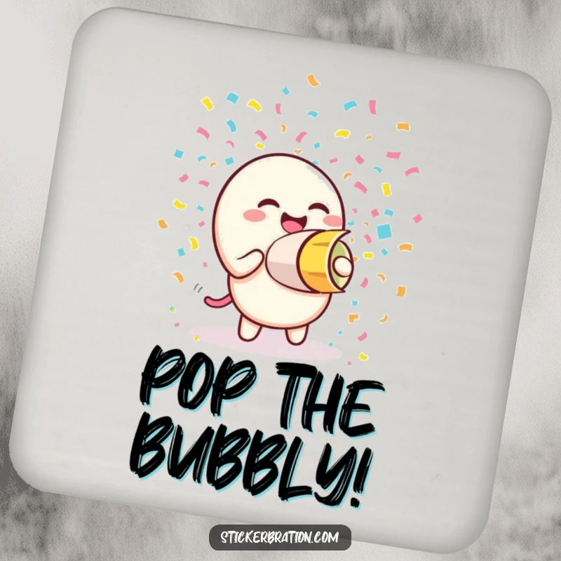 Funny drink coaster with a giggling confetti cannon character firing colorful paper streams, adding a festive and protective touch to surfaces.