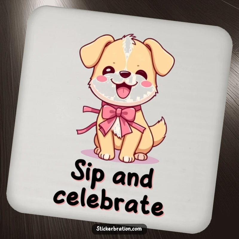 Funny dog wiggle coasters showcasing a cute cartoon dog in a happy wiggle with a party ribbon, designed to protect surfaces humorously.