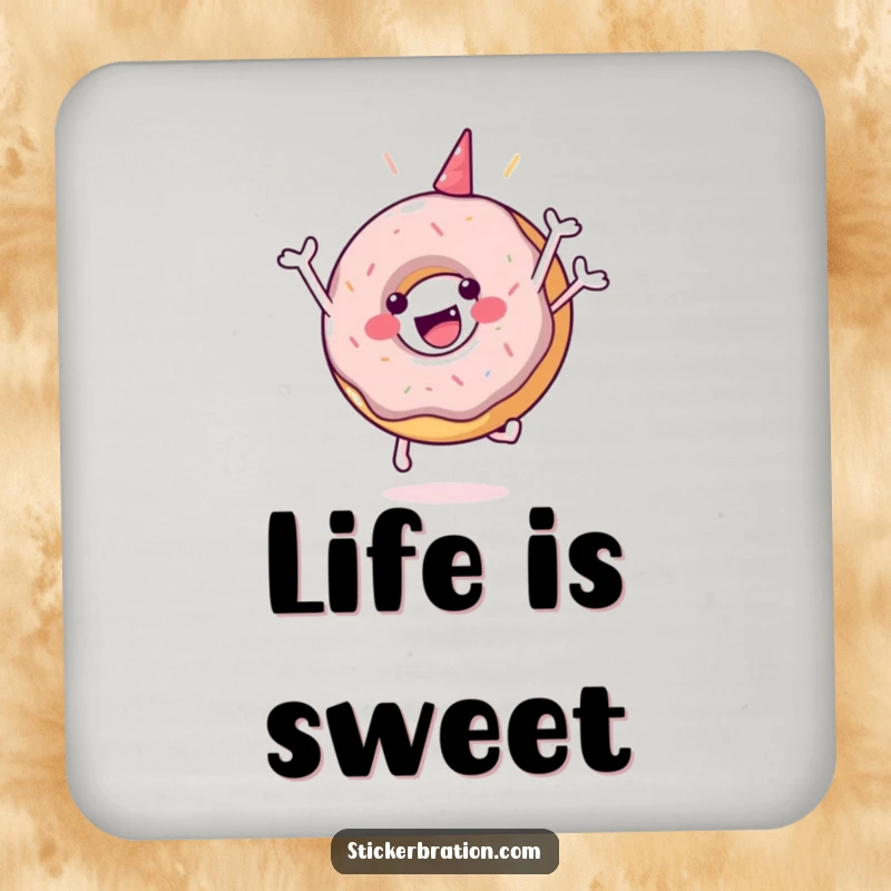 Funny drink coaster featuring a happy donut character in a celebratory jump, protecting surfaces with cheerful humor.